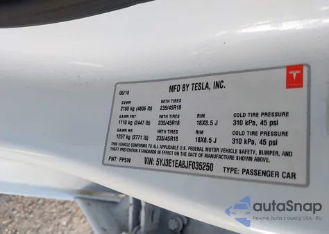 2018 Tesla Model 3 Long Range/Mid Range из США, поврежденный, VIN 5YJ3E1EA8JF035250